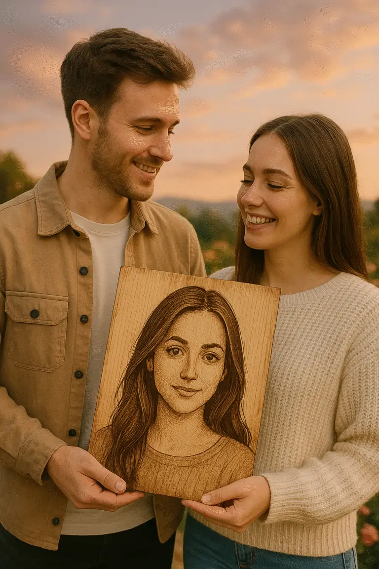 Para trzymająca personalizowany portret na drewnie EdexArt